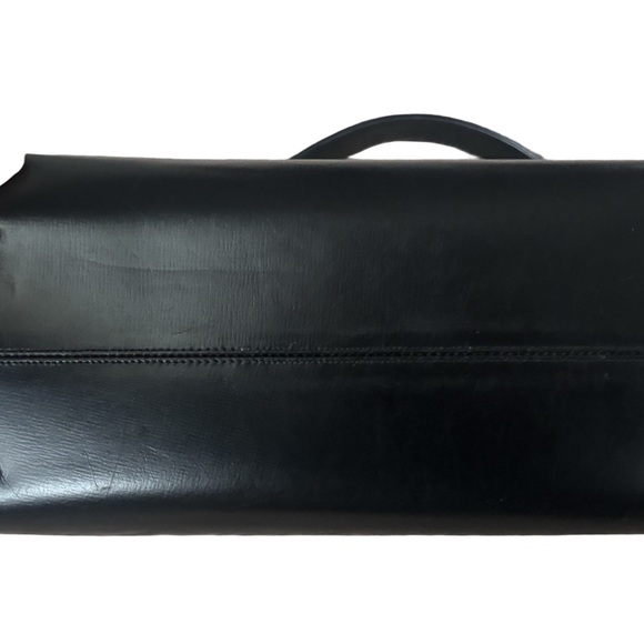 Vintage Black Leather Top Handle Handbag – Gold Frame Clasp - Picture 6 of 8